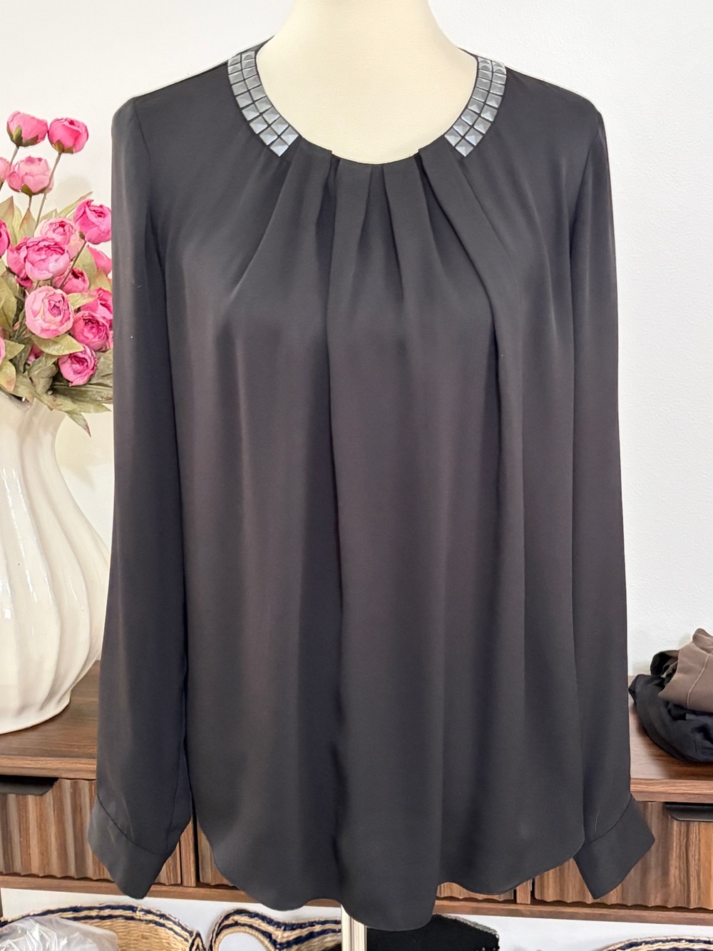 Jones New York Black Long-Sleeve Blouse with Embellished Neckline